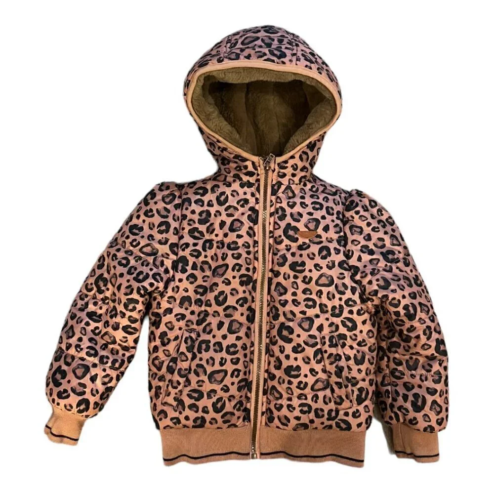 NONO Leopard Puffer Coat Jacket Recycled Fabric Size 4-5 Faux Fur Lined